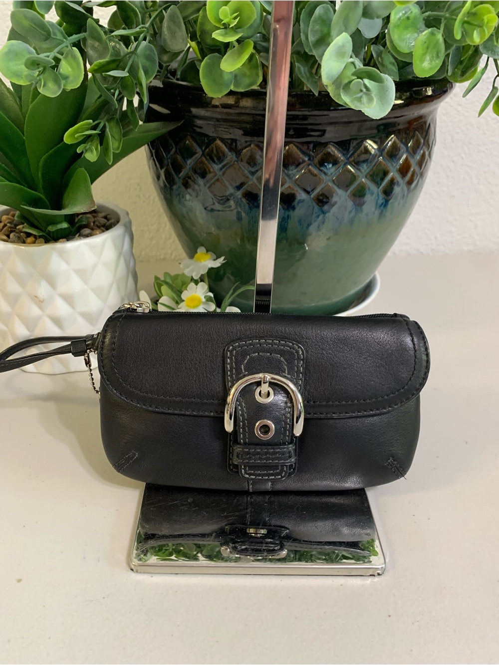 💕💕Coach Black Leather Wristlet Clutch with Buckle Accent